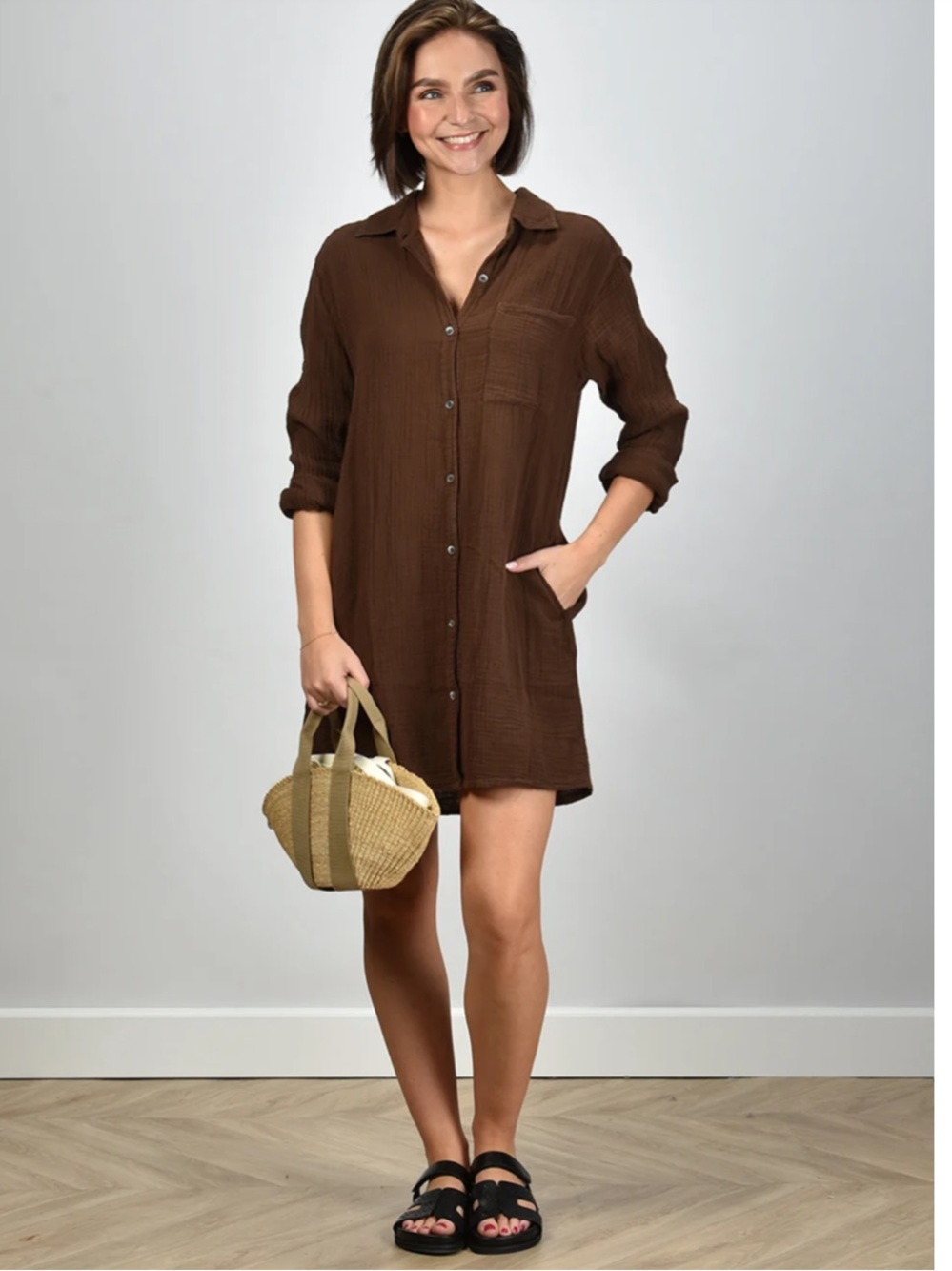NEW XIRENA tyson dress in Chocolate Brown Cotton Gauze Button Down Size Small